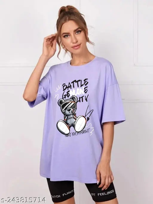 Women's oversize half sleeve printed design round neck loose fit polycotton casual t-shirt - vibrant Indian fashion
