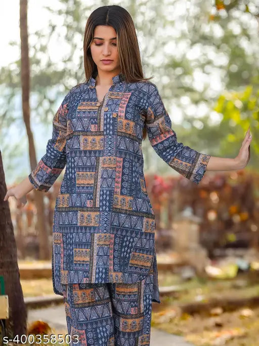 Indian hand-printed women's kurta and trousers set, featuring beautiful coordinating colors and patterns, ideal for western wear