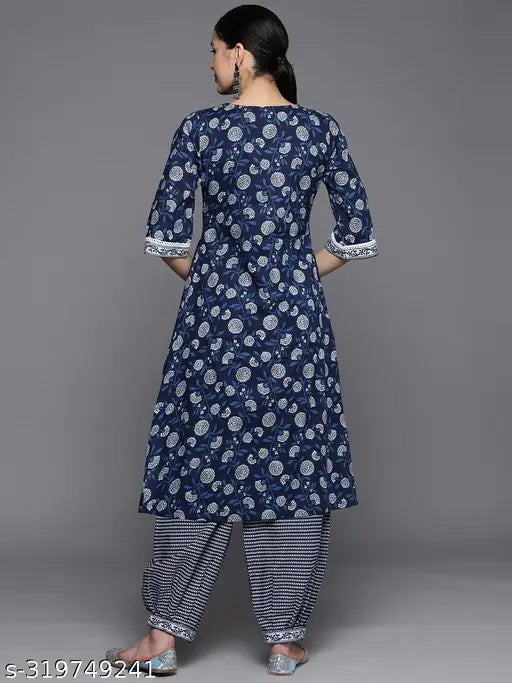 UniQco women's blue Jaipuri-printed cotton kurta and palazzo set, three-quarter sleeves, knee-length, machine washable Indian fashion