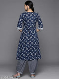 UniQco women's blue Jaipuri-printed cotton kurta and palazzo set, three-quarter sleeves, knee-length, machine washable Indian fashion