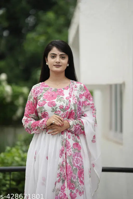 White Georgette ethnic dress, printed floral design, Indian fashion with matching dupatta
