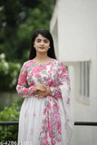 White Georgette ethnic dress, printed floral design, Indian fashion with matching dupatta