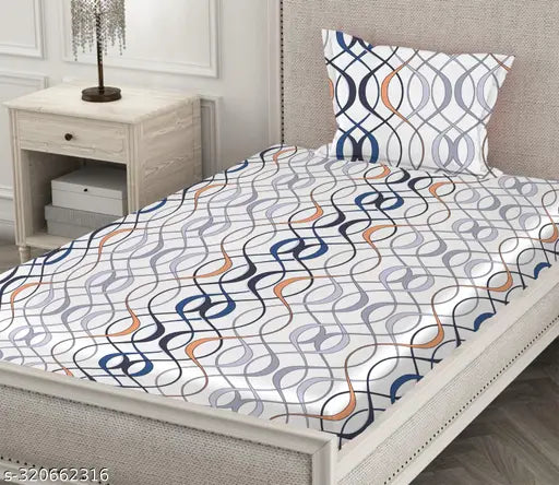 Glace cotton elastic fitted single bedsheet & pillow cover set, ethnic motifs, superfine quality for summer, ideal for adults