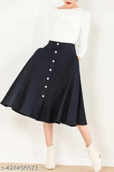 Black polyester skirt for women, durable, wrinkle-resistant, versatile, suitable for casual and formal occasions. Available in sizes 26, 28, 30, 32, and 34 (waist sizes: 26, 28, 30, 32, 34; hip size: 40in; length size: 27in). Made in India