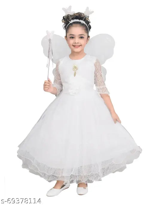 Red net Pari gown dress by RK Collection for girls aged 3-9, accessorized with butterfly wings and hairband, perfect for festive parties and Christmas events