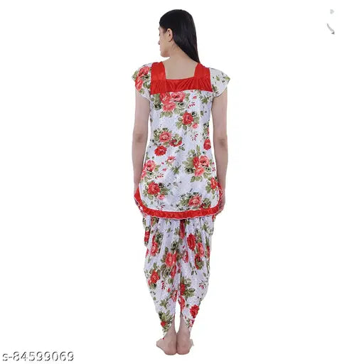 Red satin floral print women's pyjama set, solid design from Cotovia, India