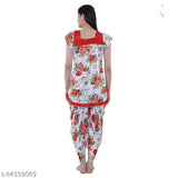 Red satin floral print women's pyjama set, solid design from Cotovia, India