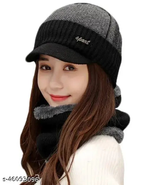 Black wool beanie cap with scarf - Women's winter-proof balaclava hat with knitted fur inside, soft imported snowproof fleece