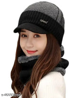 Black wool beanie cap with scarf - Women's winter-proof balaclava hat with knitted fur inside, soft imported snowproof fleece