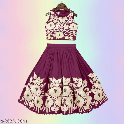 Shoryam Fashion kids girls floral work crop top with lehenga, georgette fabric, embroidered pattern, sleeveless, India