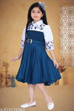 Blue crepe dress, cute printed knee-length party frock for kids, three-quarter sleeves, India origin