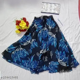 Navy blue flared georgette skirt with printed net design, ideal for women's fashion. Maxi length and machine washable. Brand: Raabta Fashion