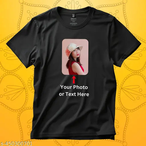 Personalized photo printed polyester t-shirt, customizable for friends, family, couple anniversary. HD quality print on 60% cotton, 40% polyester fabric. Ideal for various occasions, easy customization process