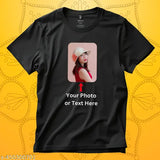 Personalized photo printed polyester t-shirt, customizable for friends, family, couple anniversary. HD quality print on 60% cotton, 40% polyester fabric. Ideal for various occasions, easy customization process