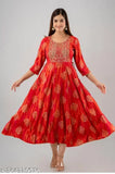 Rayon anarkali long kurti with three-quarter sleeves, tropical print design, size XS (34in bust, 50in length)