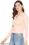 Peach cotton blend women's collar top, long sleeves, solid color, size S (bust 34in, length 21in)