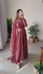 Indian Georgette Women's Fancy Gown, long sleeves, printed net design, modern style, size S (36in bust, 46in length)