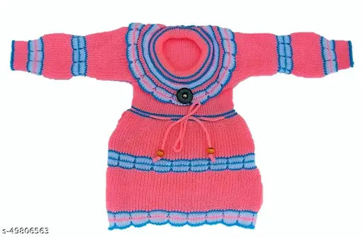 Trendy wool sweater set for girls (0-12 months), self-design net pattern, includes frock, pant, cap, and bootie