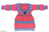 Trendy wool sweater set for girls (0-12 months), self-design net pattern, includes frock, pant, cap, and bootie