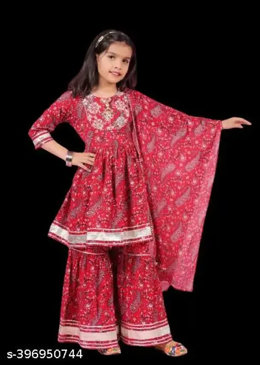Rayon embroidered kurti sharara set with dupatta for kids, 9-10 & 11-12 years, India origin