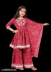 Rayon printed kurti sharara set with dupatta for women, embroidered front panel and flared silhouette, 9-10 years size, Made in India