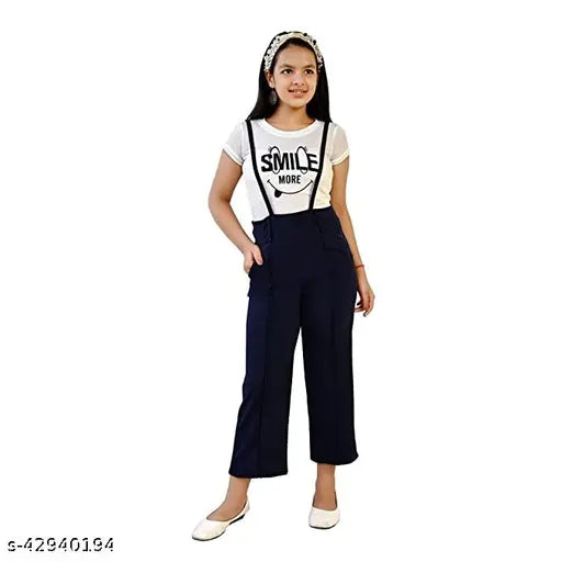 Multicolor cotton blend dress pack: Short sleeved t-shirt & ankle length dungarees for girls aged 5-16, India origin