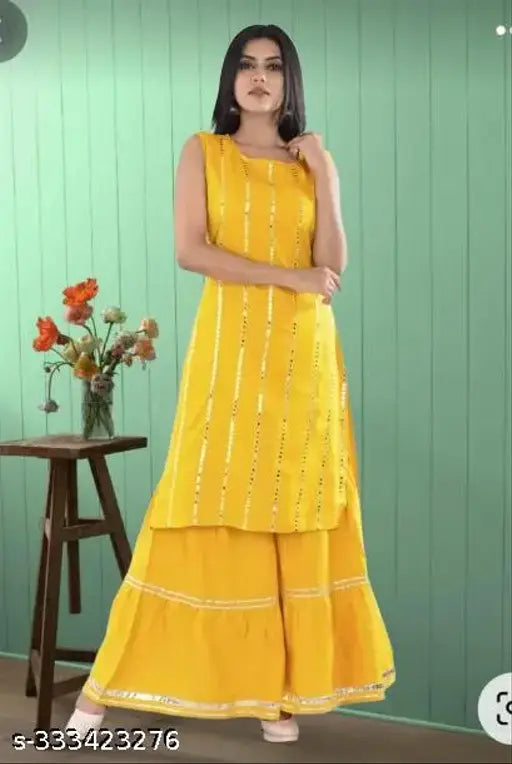 Rayon striped net SALEV/YELLOW/SRR/SET kurta with sharara bottomwear, three-quarter sleeves, single set for women in sizes S to XXXL, made in India