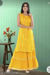 Rayon striped net SALEV/YELLOW/SRR/SET kurta with sharara bottomwear, three-quarter sleeves, single set for women in sizes S to XXXL, made in India