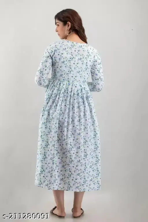 Women's cotton flared maternity kurti gown, three-quarter sleeves, printed combo. Perfect for parties, casual office, and festivals. XL (Bust Size: 42 in), XXL (Bust Size: 44 in). Made in India