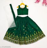 Embroidered taffeta lehenga-choli for kids girls, Indian traditional wedding wear in solid colors