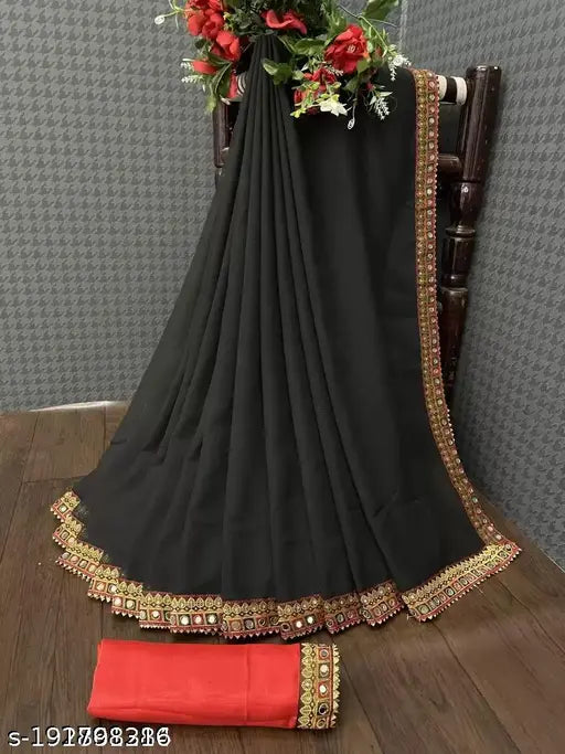 Black lace border Banarasi Georgette saree with separate satin silk blouse, Indian party wear