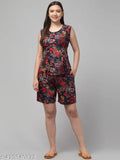 Red flower printed crepe top & shorts set for women, stylish and comfortable sleepwear combo