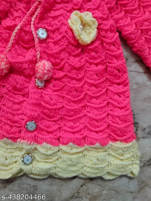 Hand knitted wool sweater for baby girls, self-designed with pink and yellow color, long sleeves, high quality Indian made