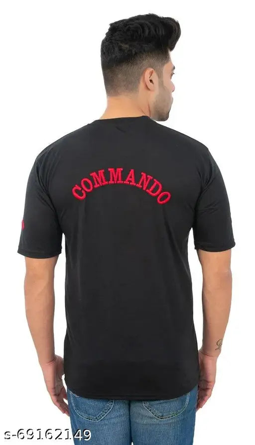 Solid men's cotton round neck half sleeves T-shirt, casual look with 4 commandos pattern, available in multiple sizes