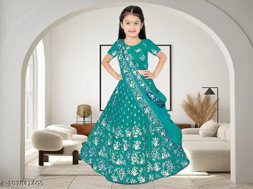 Trending kids jute silk lehenga set with net dupatta and cotton silk choli, embellished with short sleeve embroidery, Indian fashion for ages 2-14
