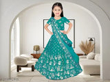 Trending kids jute silk lehenga set with net dupatta and cotton silk choli, embellished with short sleeve embroidery, Indian fashion for ages 2-14