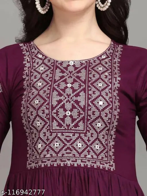 Red rayon embroidered kurti, three-quarter sleeves, XL (bust size 42in), Indian ethnic wear