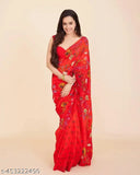 Red Georgette printed saree with free-size unstitched blouse, inspired by Shraddha Kapoor's style