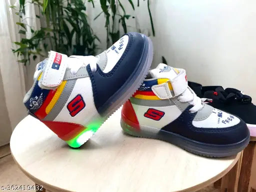 Kids LED light shoes: Unisex synthetic leather and cotton blend, colorblocked design, ideal for 2.5-5 years old boys and girls, waterproof Velcro closure, comfortable sole, night outings partywear, easy to wear, good quality, descent looking
