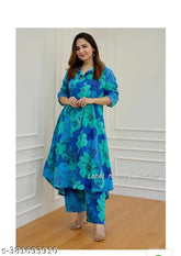 Premium blue cotton kurta set with palazzos, three-quarter sleeves, floral alia print on net fabric for women, India origin