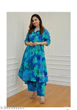 Premium blue cotton kurta set with palazzos, three-quarter sleeves, floral Alia cut print design for women - Indian fashion