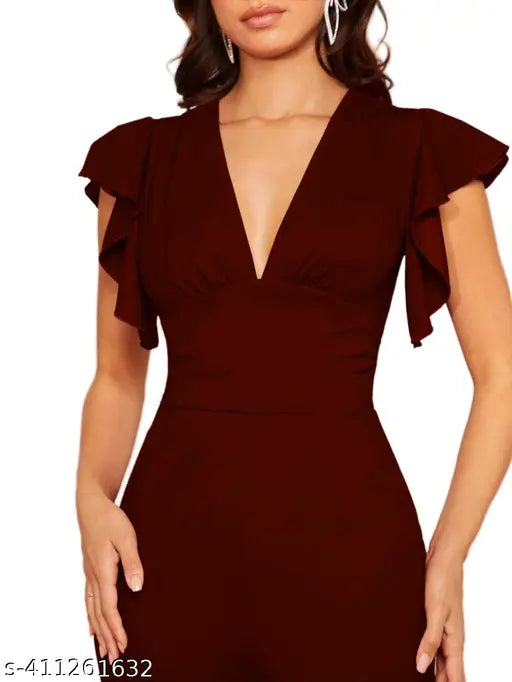 Classy polyester plunging V-neck wide leg jumpsuit in solid color, high waist with ruffle and zipper details
