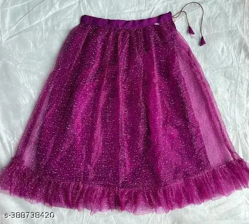 Kids' checkered silk net lehenga choli with semi-stitched blouse, free size. Sleeveless design, Indian origin