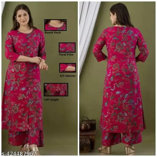 Viscose Rayon Rani pink embroidered kurta and palazzo set, handcrafted Indian ethnic wear for women