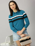 Teal striped full sleeve cotton blend polo t-shirt for women, perfect casual wear