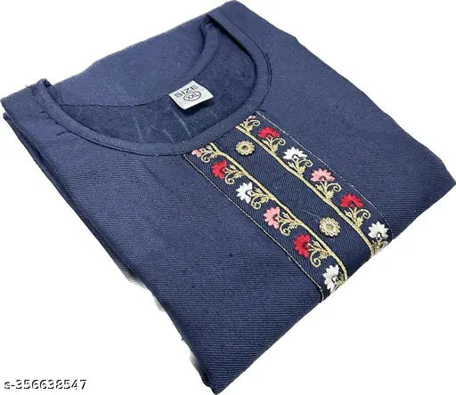 Woolen winter kurti in solid embroidery style, three-quarter sleeves. Handcrafted Indian women's fashion wear with cotton lining." (124 characters)