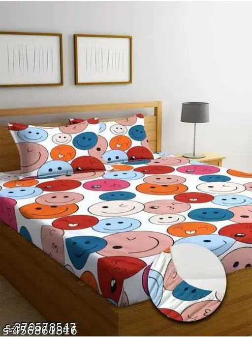 Geometric-print cotton, superfine fitted elastic bedsheet (Double Queen), Smiley design. Adult summer bedding set from India