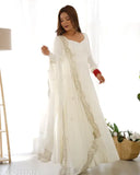 Premium quality chanderi silk anarkali dress set with dupatta and pent dress, ideal for festivities & weddings. Indian-origin
