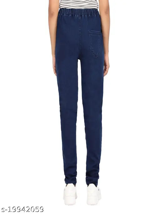 Denim skinny fit stretchable royalblue jeggings for women - Solid style on model, medium waist and ankle length