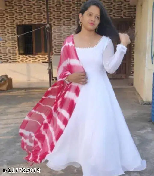 White Georgette Anarkali Gown, high-quality long sleeve, solid design, perfect for formal events or weddings